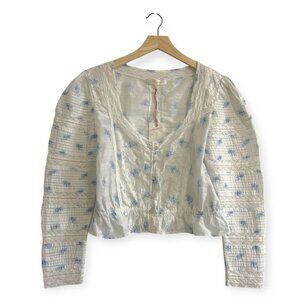 LoveShackFancy Sabrina Top, Ivory, Blue Floral, Size S, New with tag